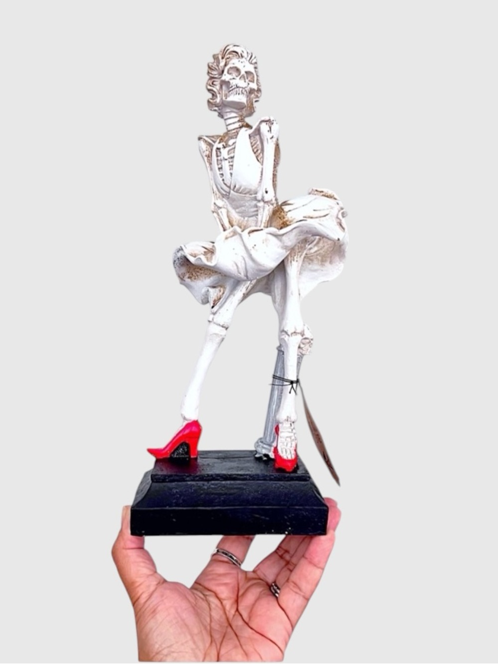 Hallow’s Eve Marilyn Monroe White Blowing Dress With Red Shoes Skeleton Figurine